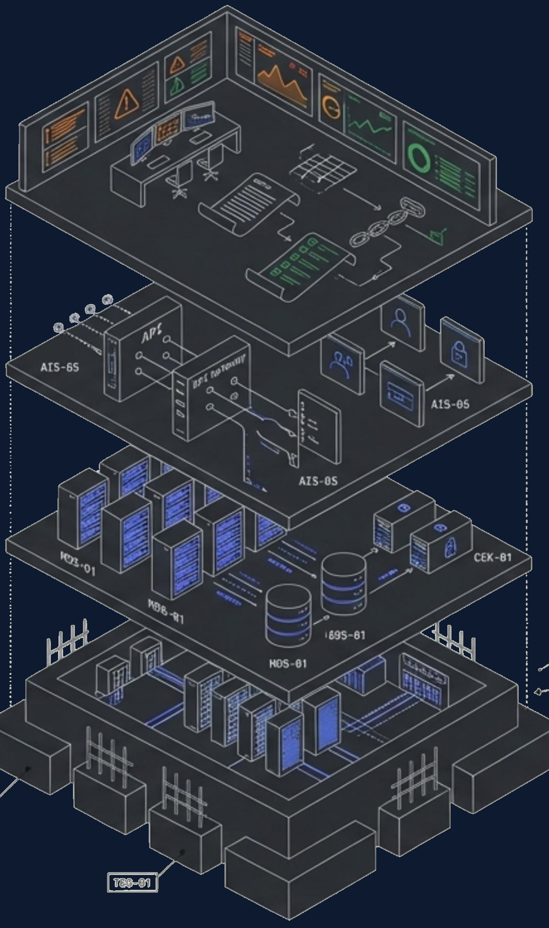 Exploded four-tier AI security stack: foundation, core assets, access and interface, and oversight.